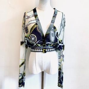 FUZZI Long-Sleeve V-Neck Printed Cardigan in Sheer Tulle Mesh